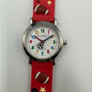 3/$30 Solo Time Watch Boys Silver Tone Sports Theme Red Band New Battery 7.5"